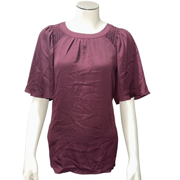 Ann Taylor Small Burgundy Smocked Shoulder Blouse Flutter Sleeve Top Fall - Picture 2 of 10